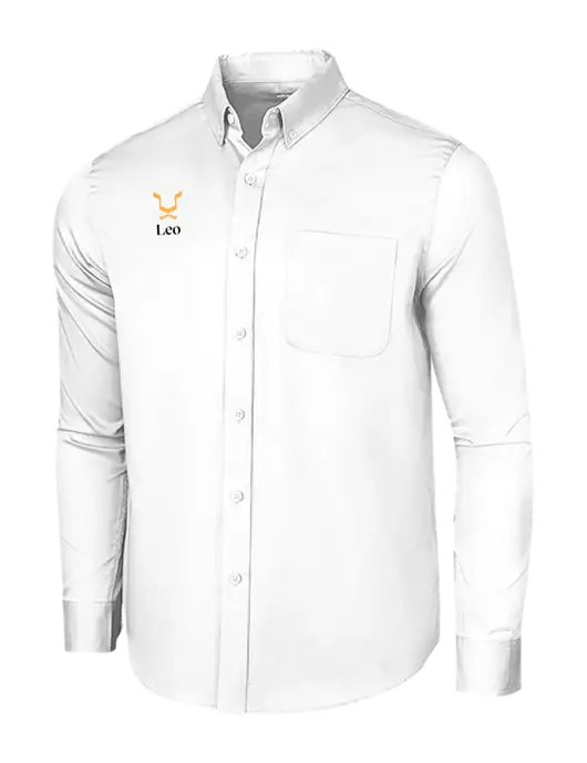 Long Sleeve White Superpro React Twill Shirt w/Leo Logo