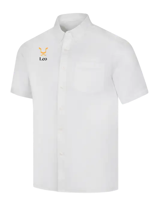 Short Sleeve White Superpro React Twill Shirt w/Leo Logo