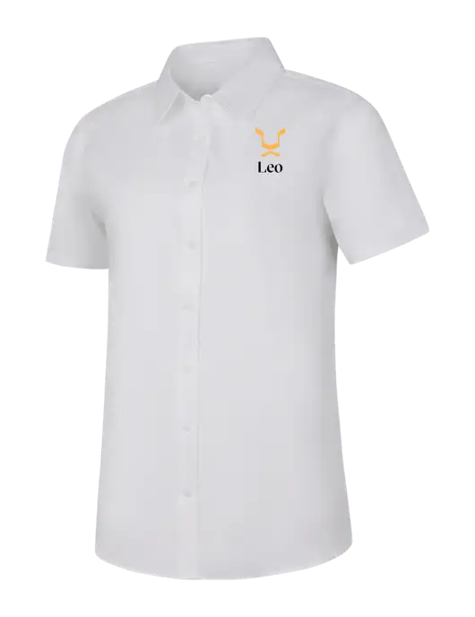 Womens White Short Sleeve Superpro React Twill Shirt w/Leo Logo