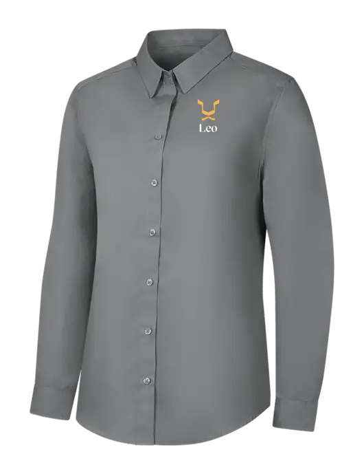 Womens Medium Grey Long Sleeve Carefree Poplin Shirt w/Leo Logo