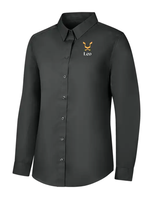Womens Dark Grey Long Sleeve Carefree Poplin Shirt w/Leo Logo