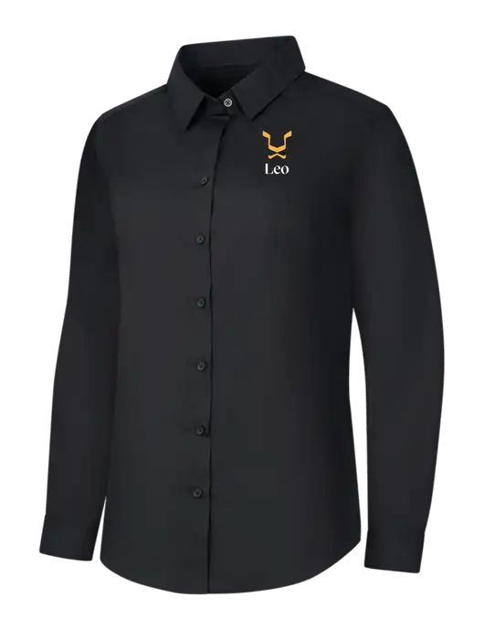 Womens Black Long Sleeve Carefree Poplin Shirt w/Leo Logo