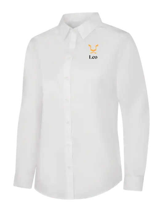 Womens White Long Sleeve Carefree Poplin Shirt w/Leo Logo