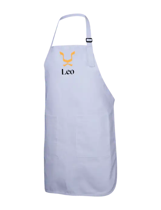 Full-Length White Apron With Pockets w/Leo Logo