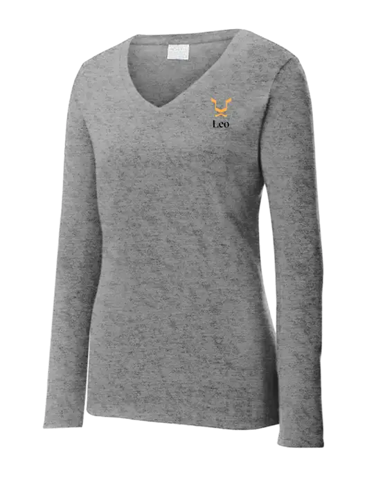 Womens  V-Neck Ring Spun Grey Heather 4.5 oz Long Sleeve T-Shirt w/Leo Logo