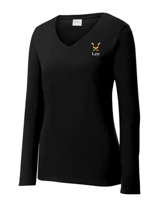 Womens V-Neck Ring Spun Jet Black 4.5 oz Long Sleeve T-Shirt w/Leo Logo
