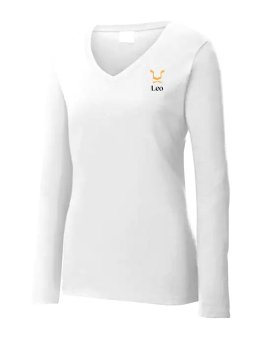 Womens  V-Neck Ring Spun White 4.5 oz Long Sleeve T-Shirt w/Leo Logo