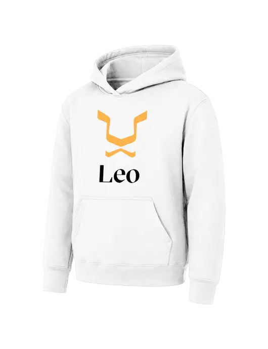 Youth White 7.8 oz Pullover Hooded Sweatshirt w/Leo Logo