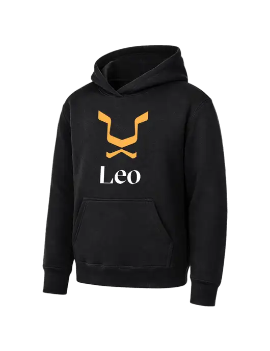 Youth Black 7.8 oz Pullover Hooded Sweatshirt w/Leo Logo