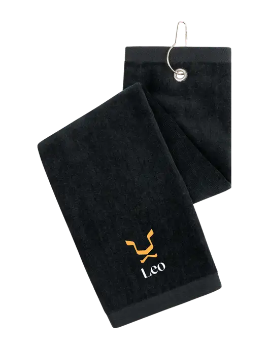 Black Tri-Fold Golf Towel with Grommet w/Leo Logo