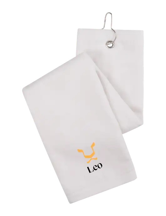 White Tri-Fold Golf Towel with Grommet w/Leo Logo
