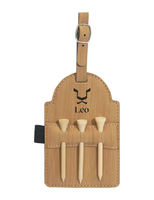 Bamboo Leatherette Golf Bag Tag with 3 Wooden Tees w/Leo Logo