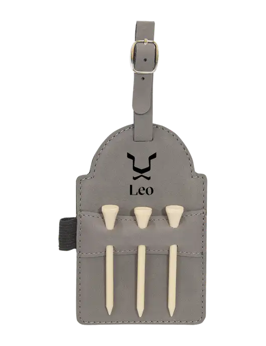 Grey Leatherette Golf Bag Tag with 3 Wooden Tees w/Leo Logo