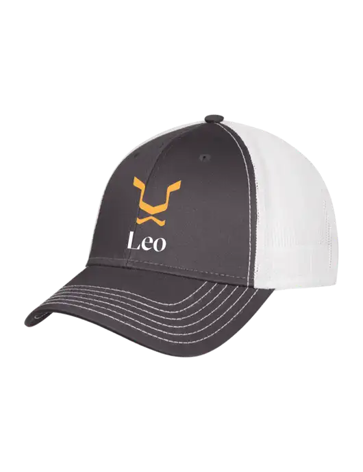 Dark Grey/White Mesh Trucker Cap Snap Back w/Leo Logo