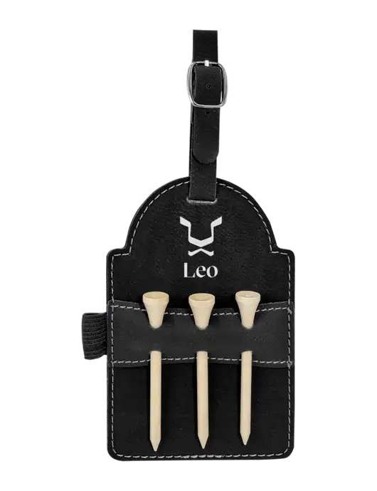 Black Leatherette Golf Bag Tag with 3 Wooden Tees w/Leo Logo