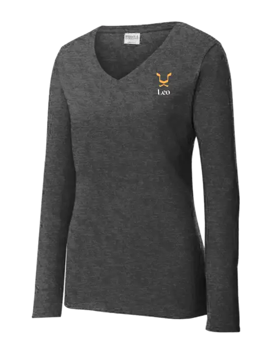 Womens  V-Neck Ring Spun Dark Heather Grey 4.5 oz Long Sleeve T-Shirt w/Leo Logo