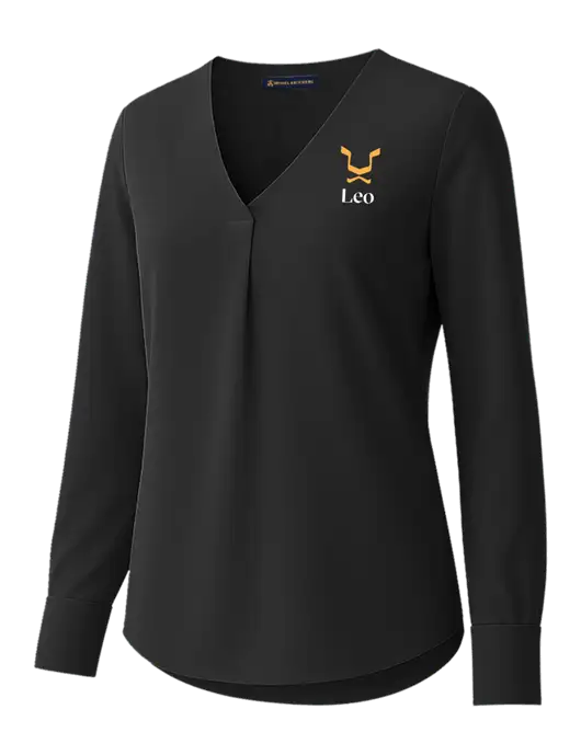 Brooks Brothers Womens Black Open-Neck Satin Blouse  w/Leo Logo