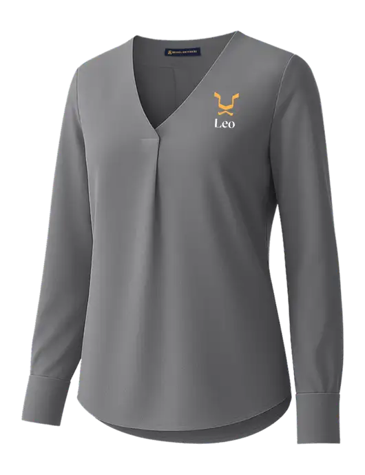 Brooks Brothers Womens Medium Grey Open-Neck Satin Blouse  w/Leo Logo