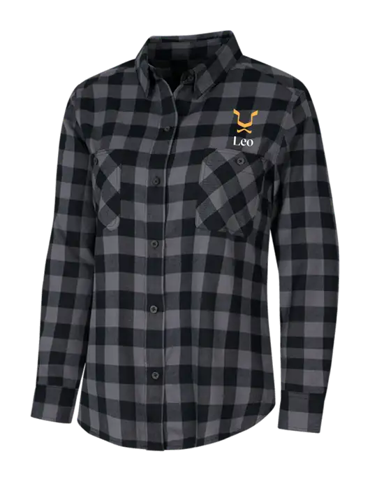 Womens Medium Grey/Black Buffalo Check Plaid Flannel Shirt w/Leo Logo