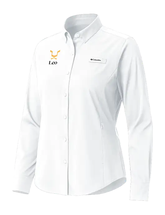 Columbia White Womens PFG Tamiami II Long Sleeve Shirt w/Leo Logo