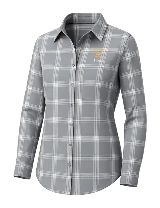 Womens Medium Grey/Cream Open Plaid Flannel Tunic w/Leo Logo