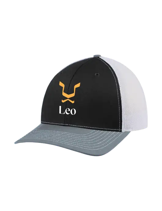 Richardson Adjustable Snapback Original 112 Trucker Cap Black/Light Heather Grey/White Mesh w/Leo Logo