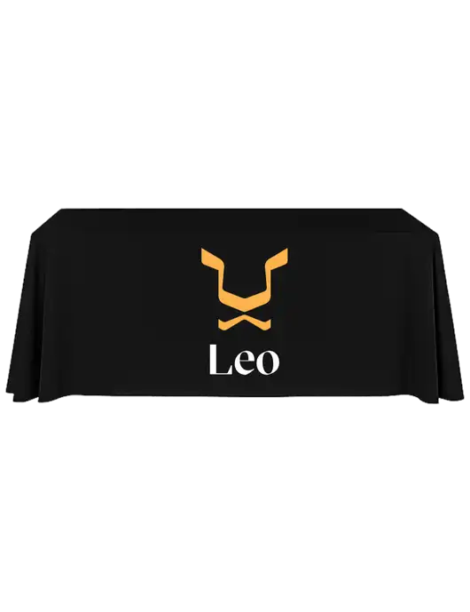 8' Stain-Resistant 4-Sided Black Table Cover w/Leo Logo