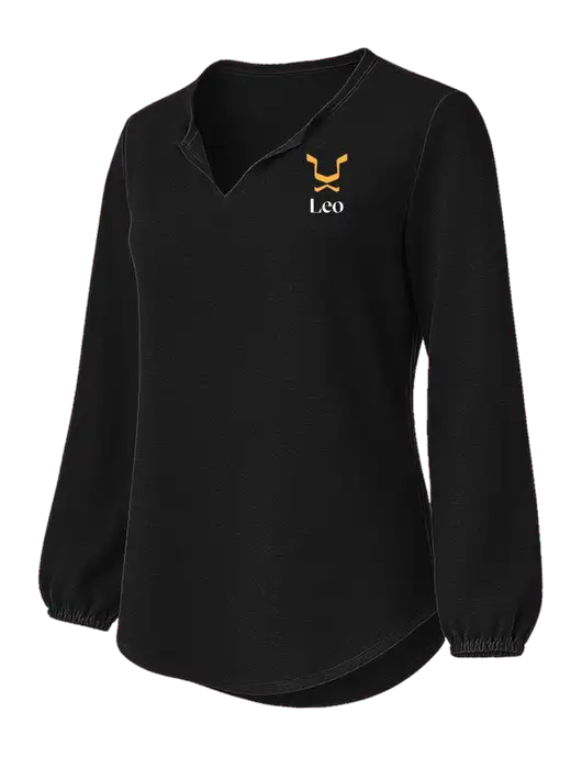 Womens Textured Black Crepe Blouse w/Leo Logo