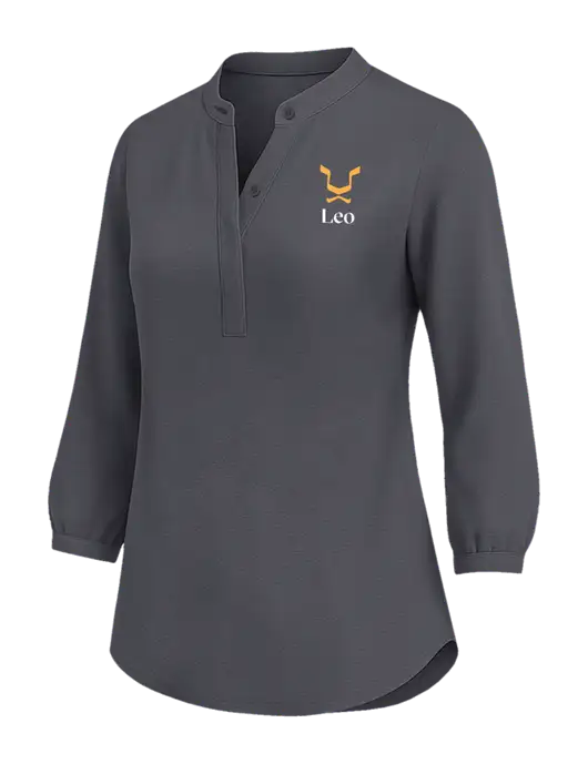 Womens Three Quarter-Sleeve Textured Dark Grey Crepe Tunic w/Leo Logo