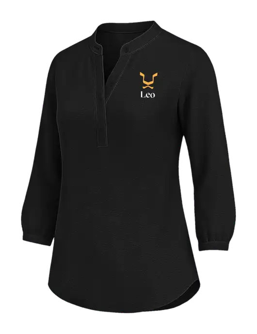 Womens Three Quarter-Sleeve Textured Black Crepe Tunic w/Leo Logo