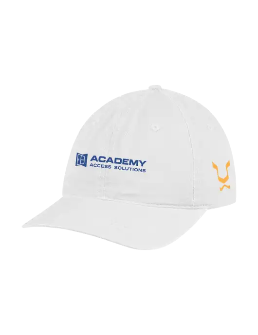 Garment Washed Unstructured Twill White Cap w/Academy Only Logo, Leo Logo