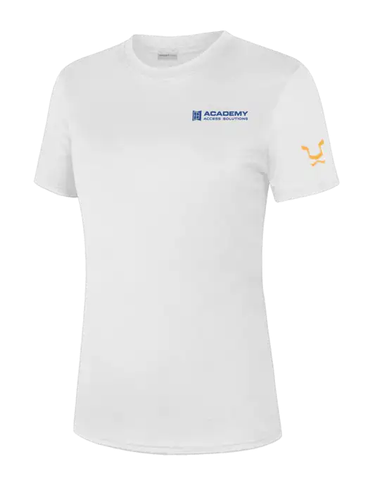  Womens White PosiCharge Competitor Tee w/Academy Only Logo, Leo Logo