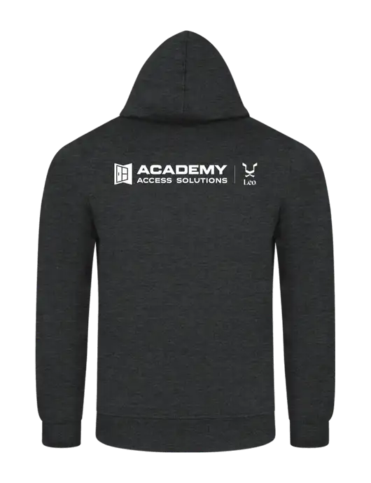 Dark Heather Grey 7.8 oz Ring Spun Hooded Sweatshirt w/Academy x Leo Logo, Academy Only Logo