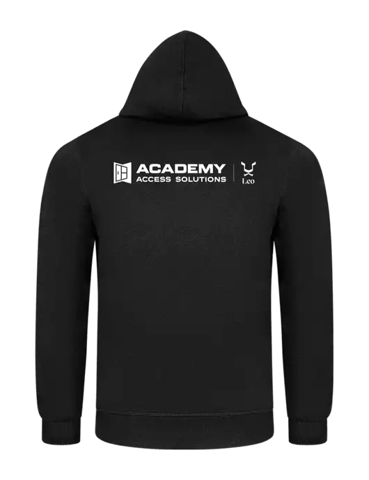 Jet Black 7.8 oz Ring Spun Hooded Sweatshirt w/Academy x Leo Logo, Academy Only Logo