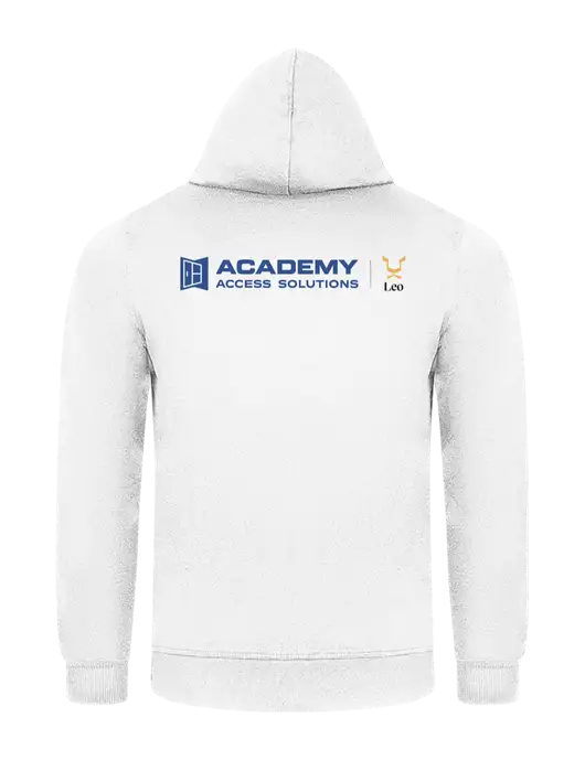White 7.8 oz Ring Spun Hooded Sweatshirt w/Academy x Leo Logo, Academy Only Logo
