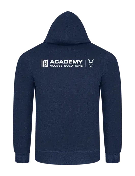 Navy 7.8 oz Ring Spun Hooded Sweatshirt w/Academy x Leo Logo, Academy Only Logo