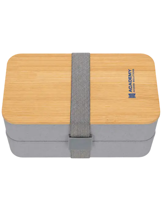 Double Decker Light Medium Grey Lunch Box w/Eco-Friendly FSC Bamboo Lid & Reusable Utensils w/Academy Only Logo