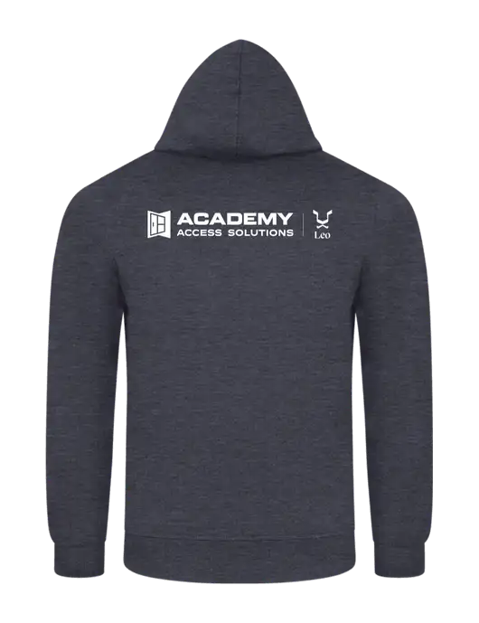 Heather Navy 7.8 oz Ring Spun Hooded Sweatshirt w/Academy x Leo Logo, Academy Only Logo