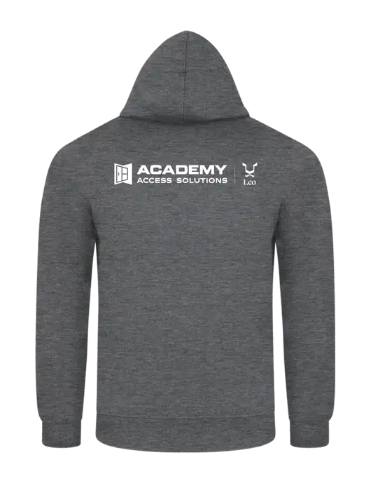 Graphite Heather 7.8. oz Ring Spun Hooded Sweatshirt w/Academy x Leo Logo, Academy Only Logo