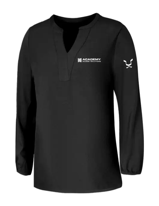 Mercer+Mettle Womens Deep Black Stretch Crepe 3/4 Sleeve Blouse w/Academy Only Logo, Leo Logo