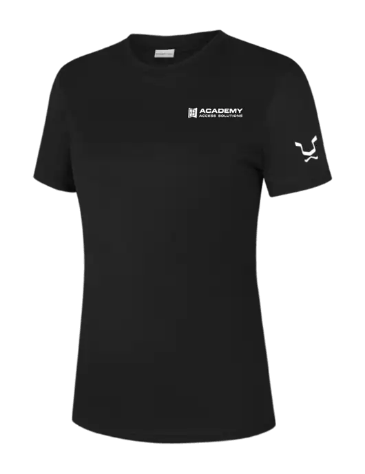  Womens Black PosiCharge Competitor Tee w/Academy Only Logo, Leo Logo