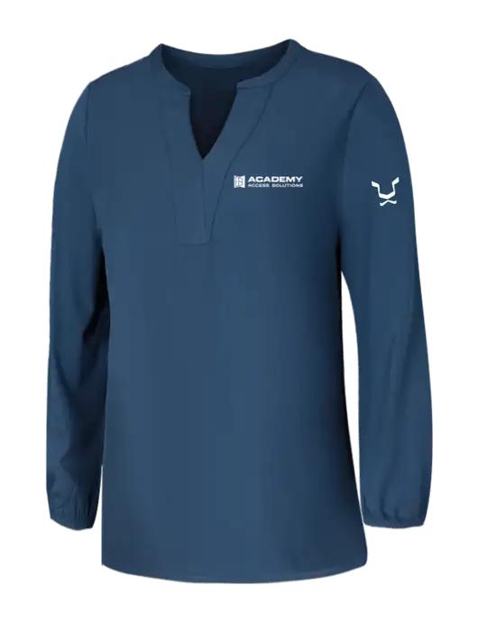 Mercer+Mettle Womens Light Navy Blue Grey Stretch Crepe 3/4 Sleeve Blouse w/Academy Only Logo, Leo Logo