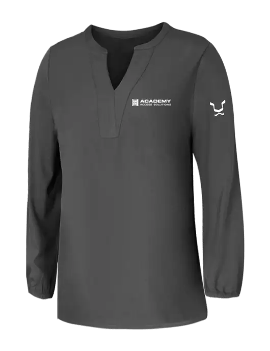 Mercer+Mettle Womens Dark Grey Stretch Crepe 3/4 Sleeve Blouse w/Academy Only Logo, Leo Logo