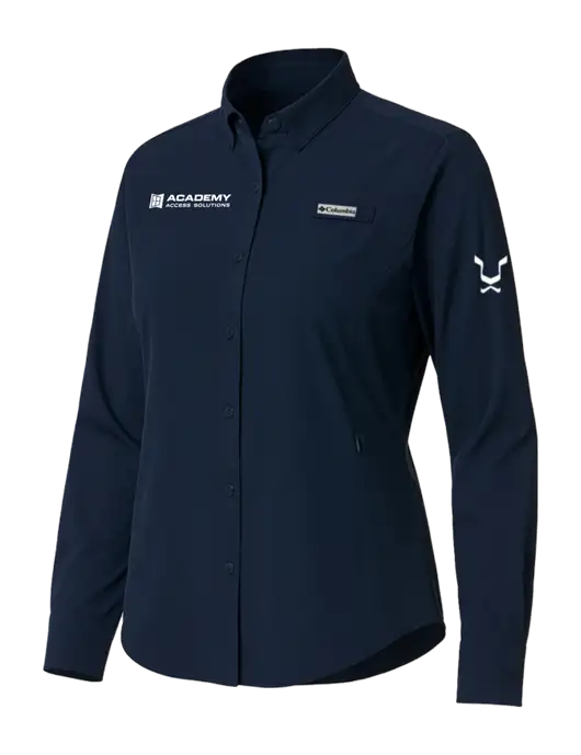 Columbia Navy Womens PFG Tamiami II Long Sleeve Shirt w/Academy Only Logo, Leo Logo