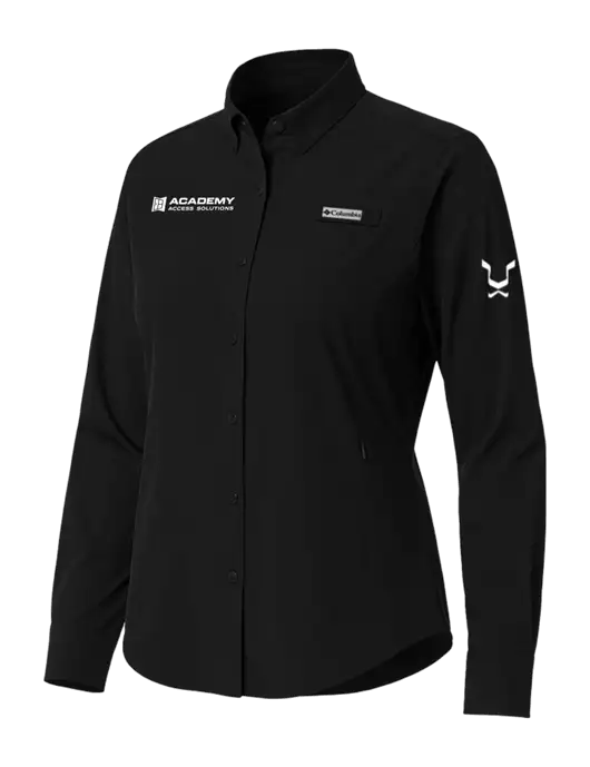 Columbia Black Womens PFG Tamiami II Long Sleeve Shirt w/Academy Only Logo, Leo Logo