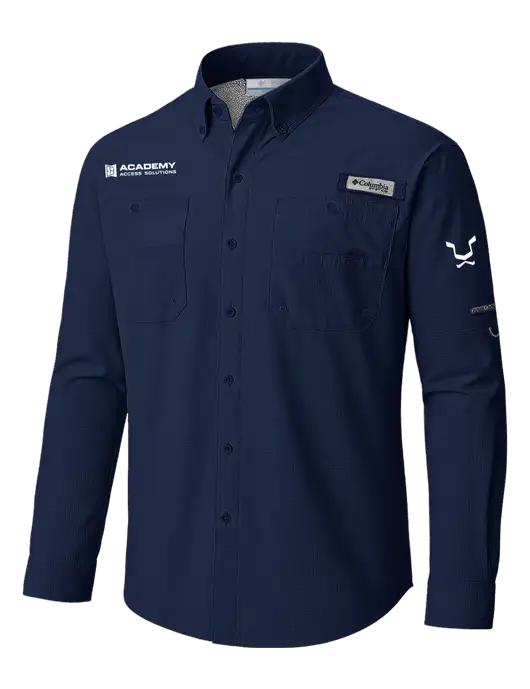 Columbia Navy PFG Tamiami II Long SleeveShirt w/Academy Only Logo, Leo Logo
