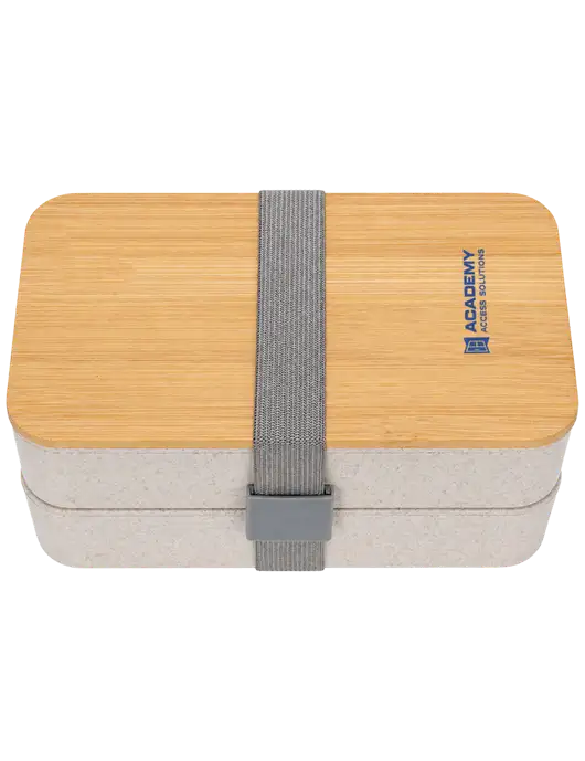 Double Decker Natural Ivory Lunch Box w/Eco-Friendly FSC Bamboo Lid & Reusable Utensils w/Academy Only Logo